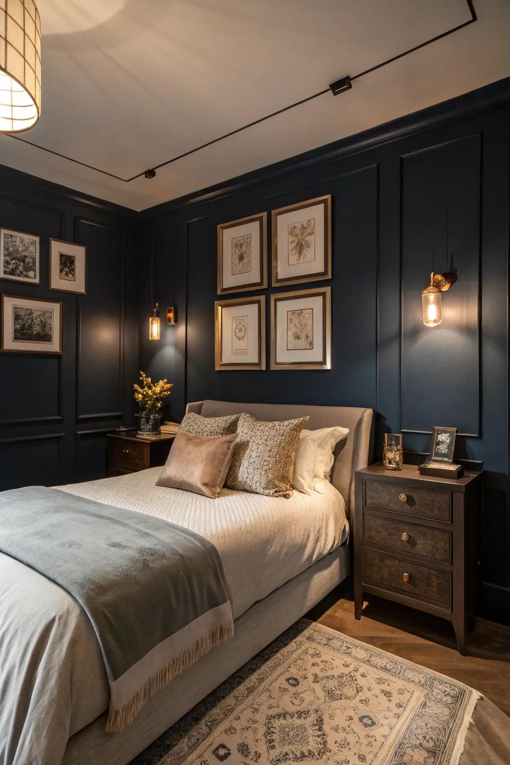 Dark tones envelop the space, enhancing coziness.