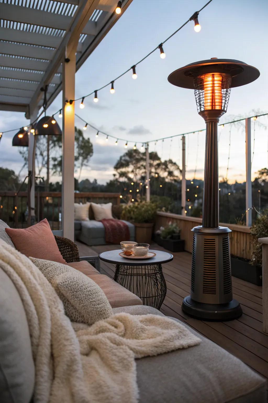 Outdoor heaters provide warmth for year-round enjoyment.