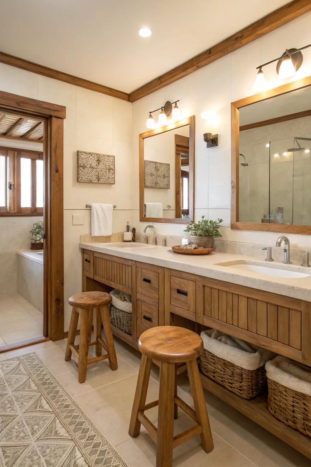 Wooden details introduce affection and texture to this cream bathroom.