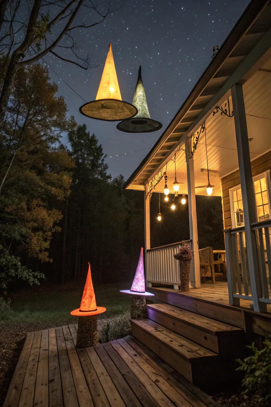 Floating witch hats enchant the night.