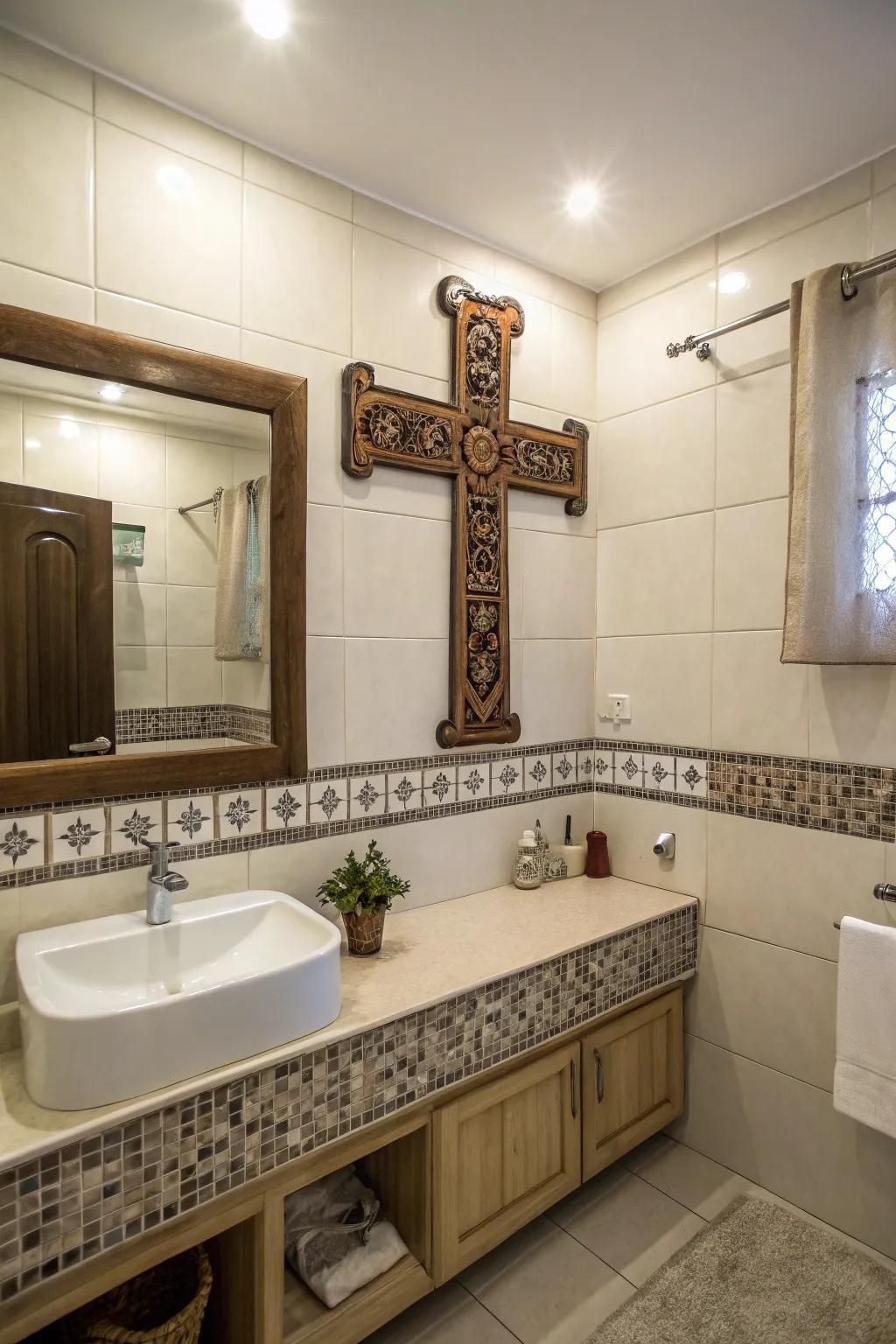 Uncommon cross wall decor in a bathroom.
