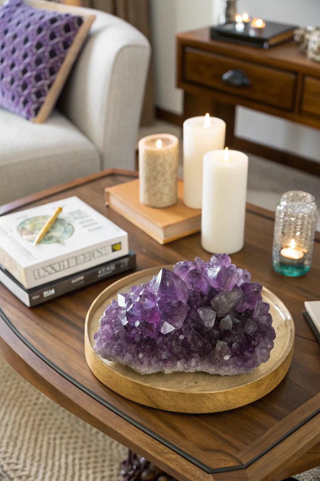 A coffee surface exhibiting an arresting amethyst centerpiece.