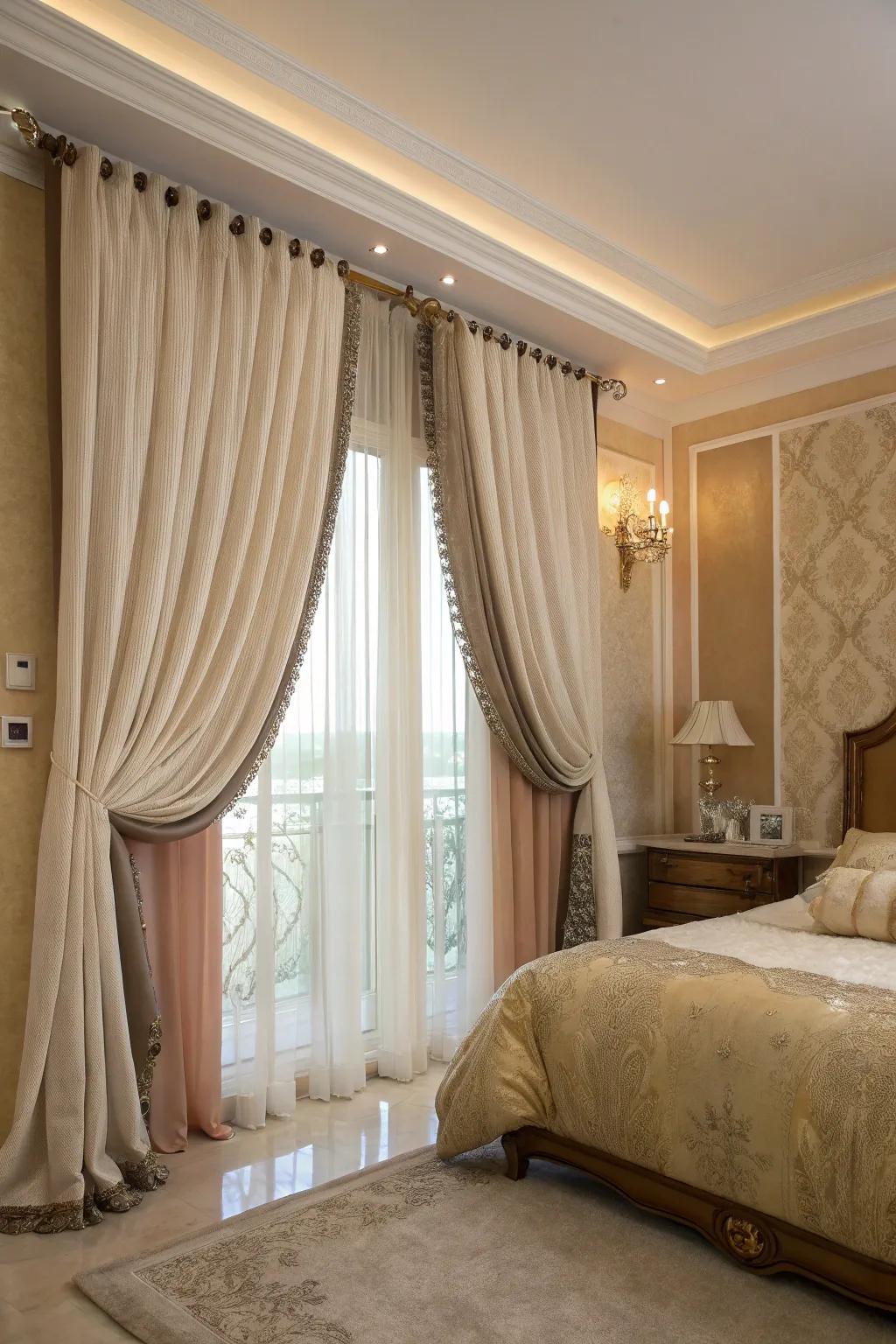 Tandem curtain rods extend adaptability through stratified curtains.
