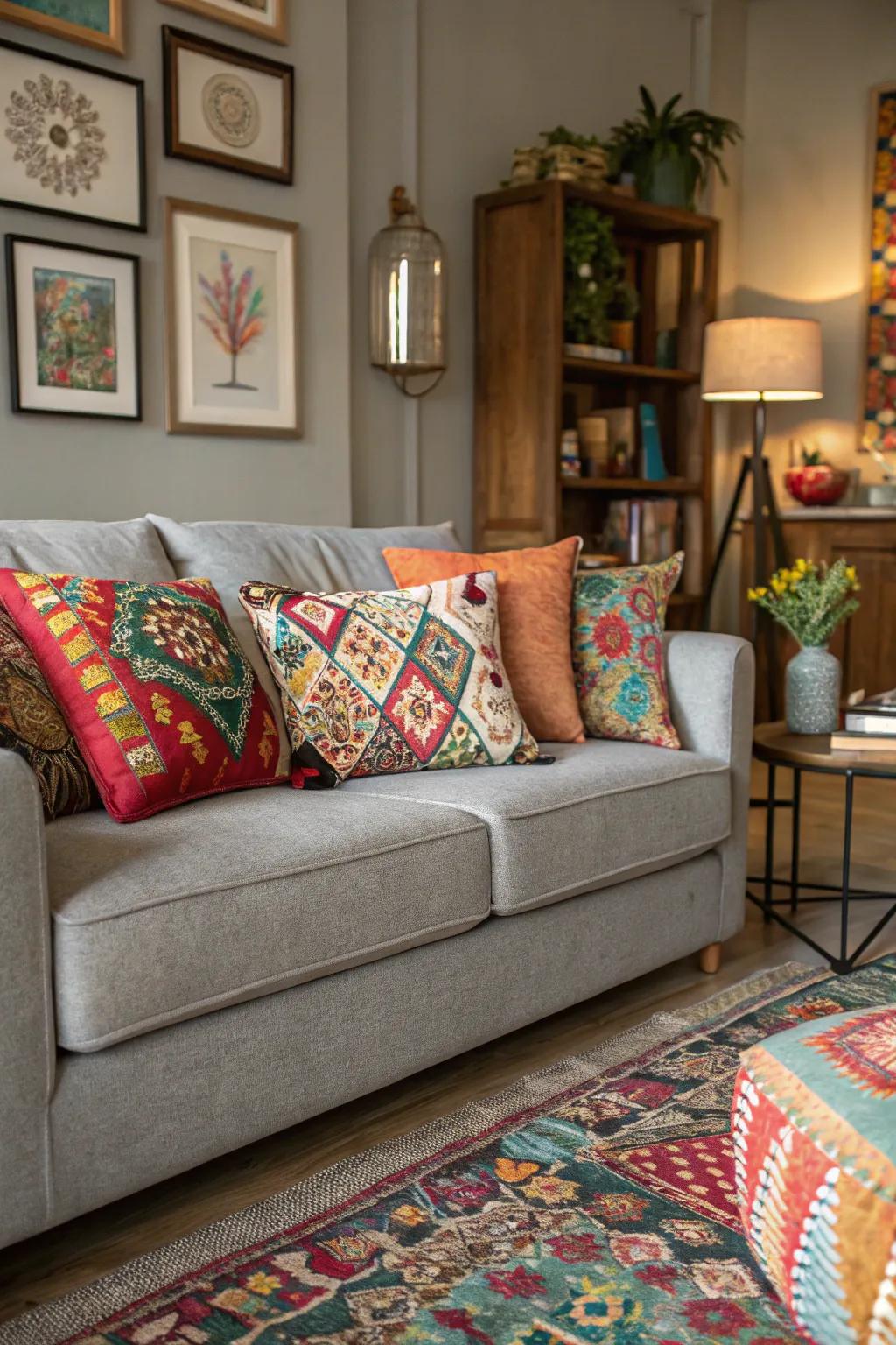 A varied blend of cushions displays personality on a grey couch.