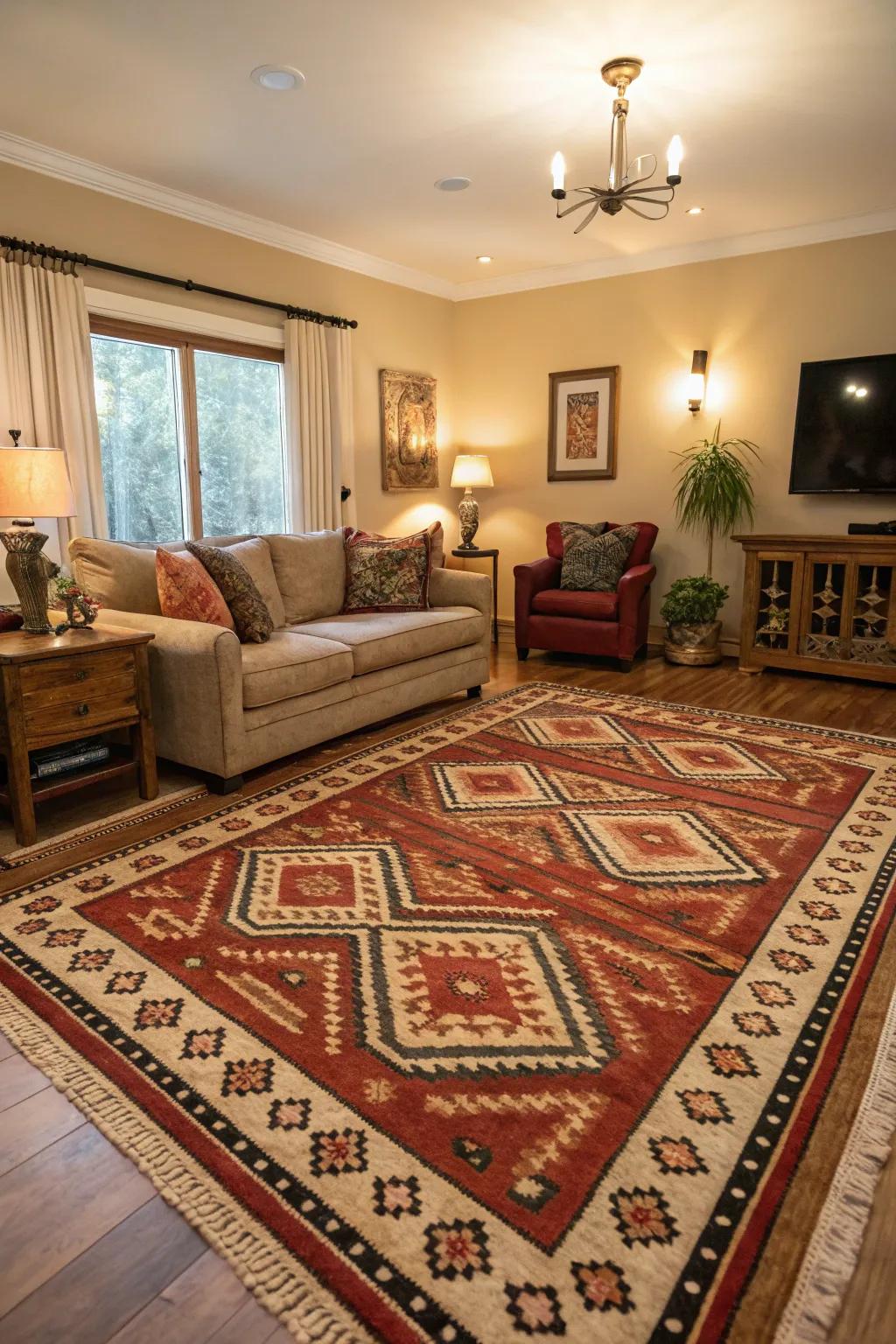 A statement floor covering that anchors and defines the living room.