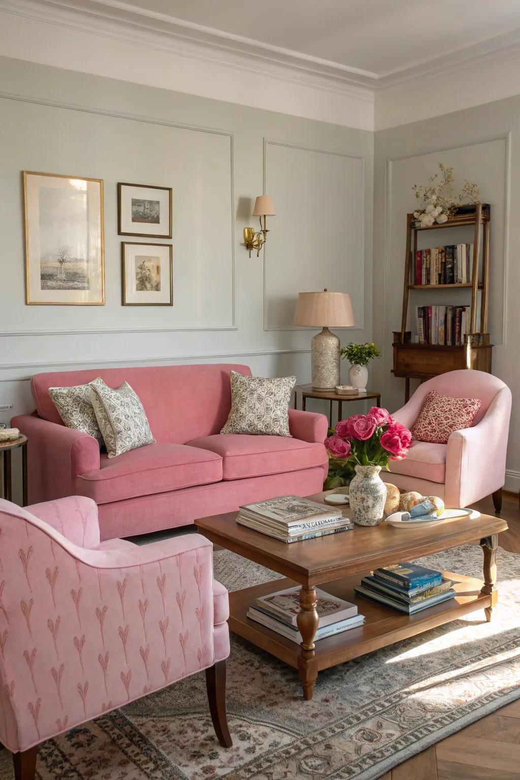 Rose and uncolored tones merge for a sophisticated living space.