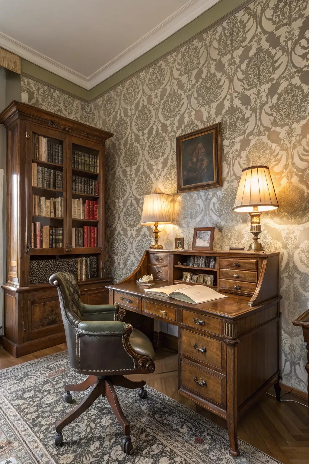 A study with vintage damask wall covering, evoking a classic and elegant feel.