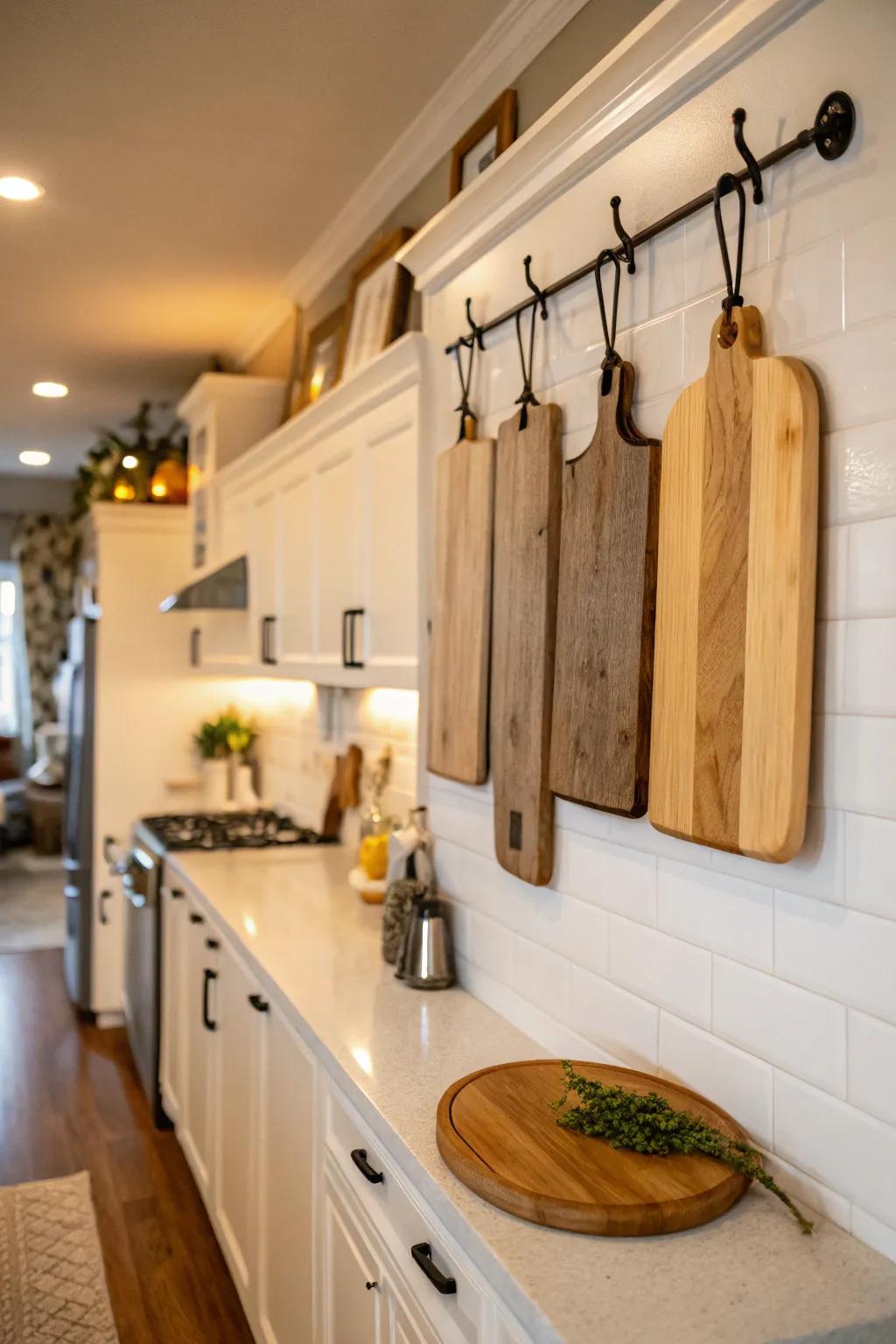 Suspended display for cutting boards enhancing the kitchen's ambiance.