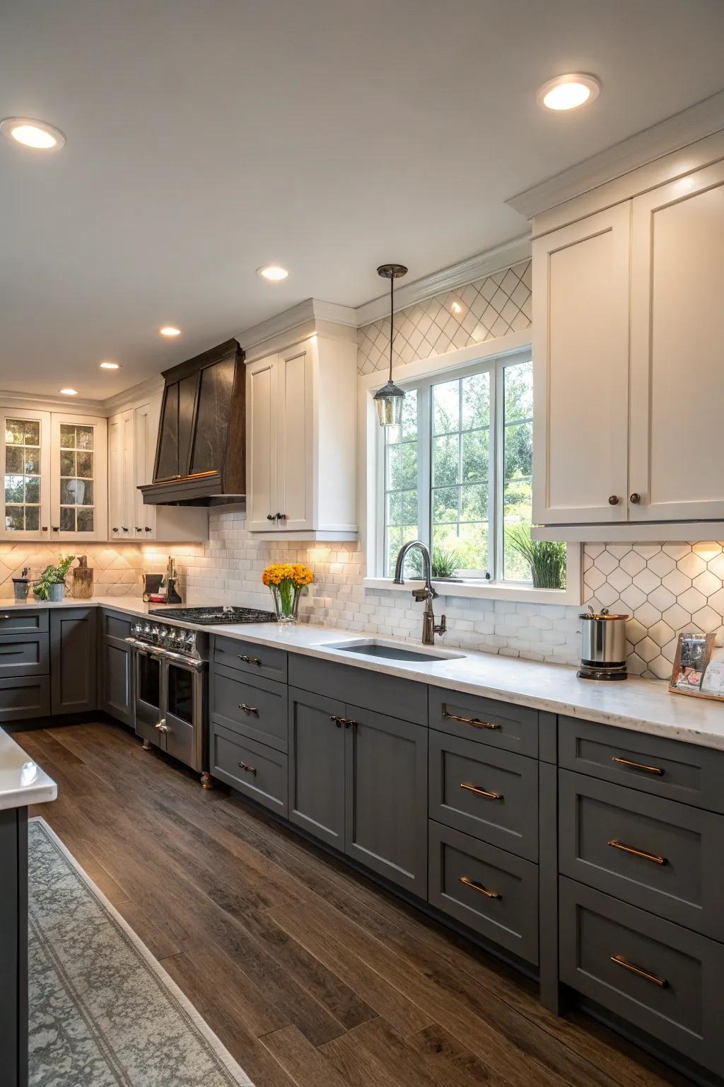 Dual-tone cabinetry creating depth and visual interest.