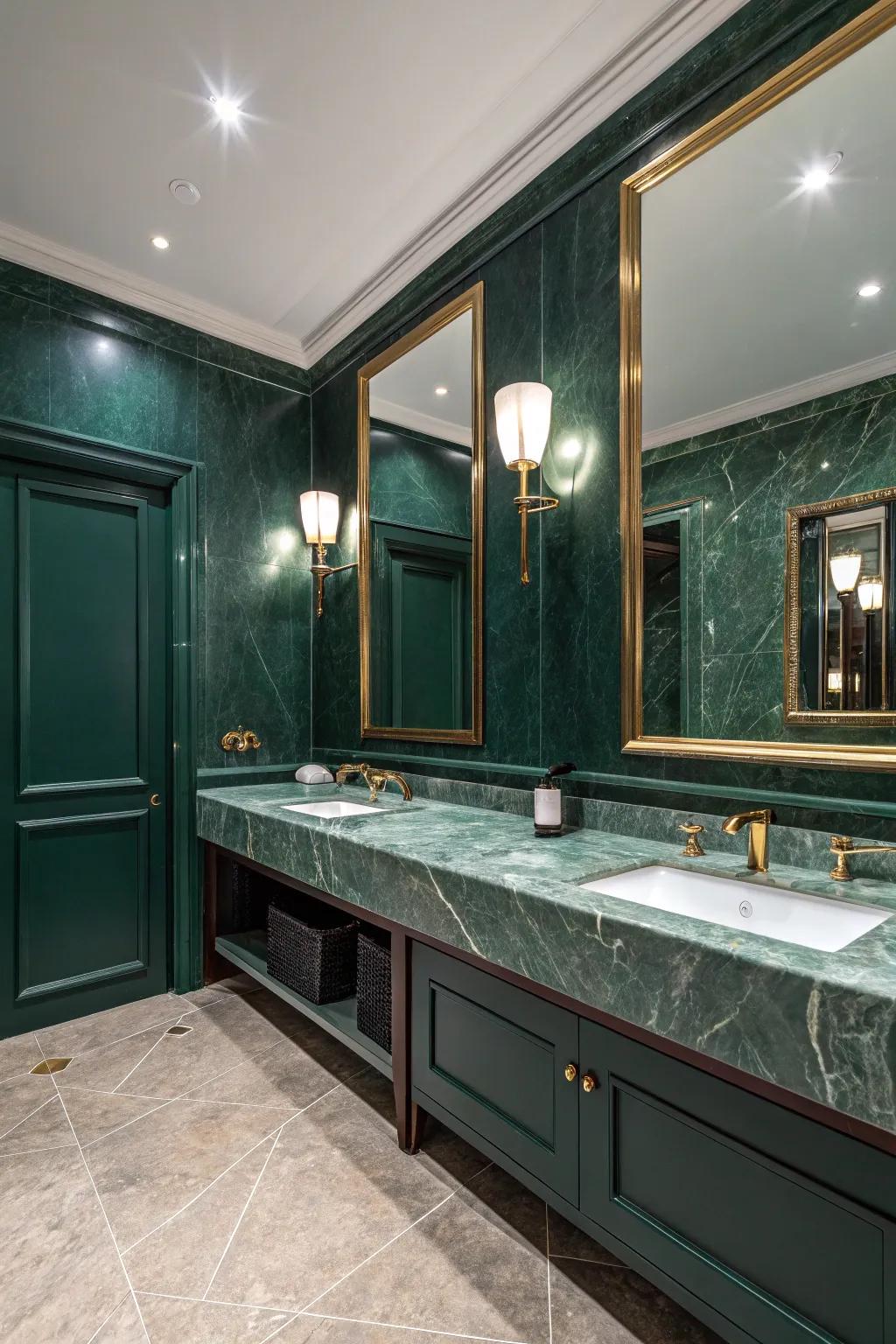 Green marble surfaces introduce sophistication and individuality.