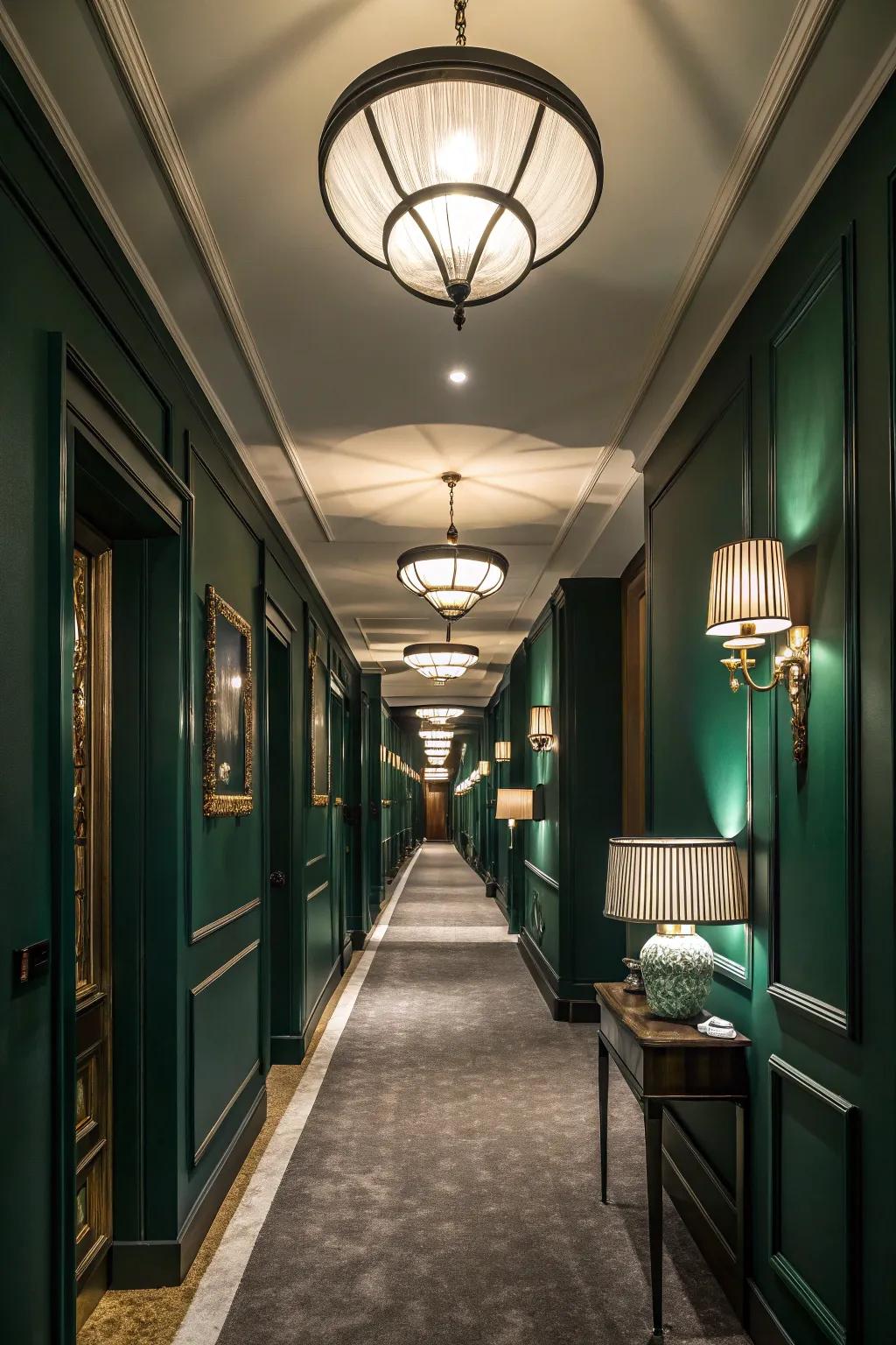Layered illumination injects depth into this hallway in dark green.