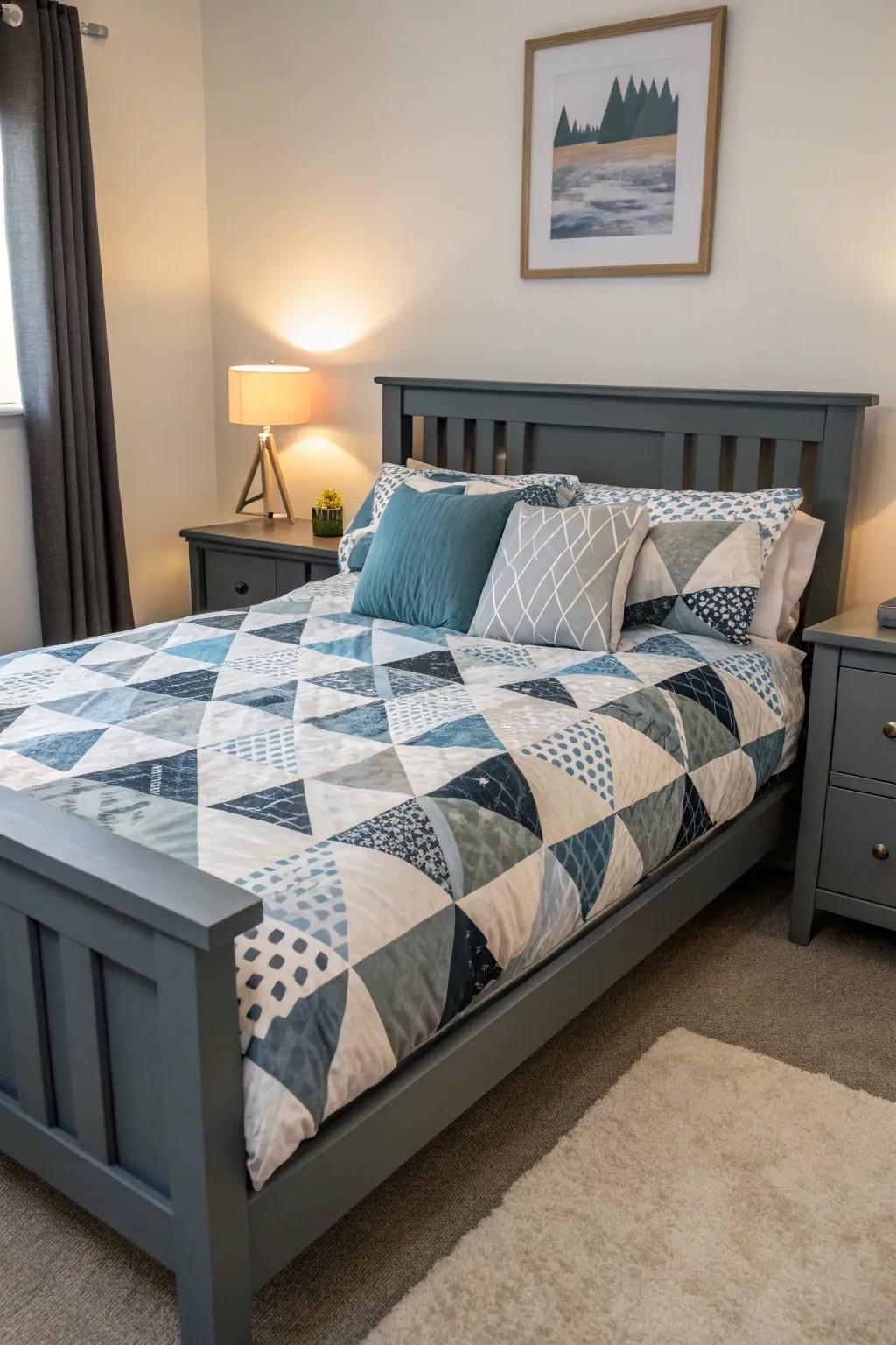 Geometric patterns bring a modern twist to a grey-themed bedroom.