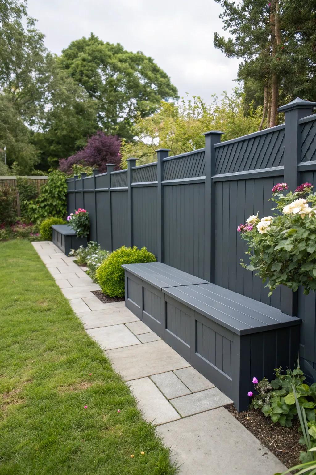 A charcoal-toned fence with integrated benches provides seating and storage options.