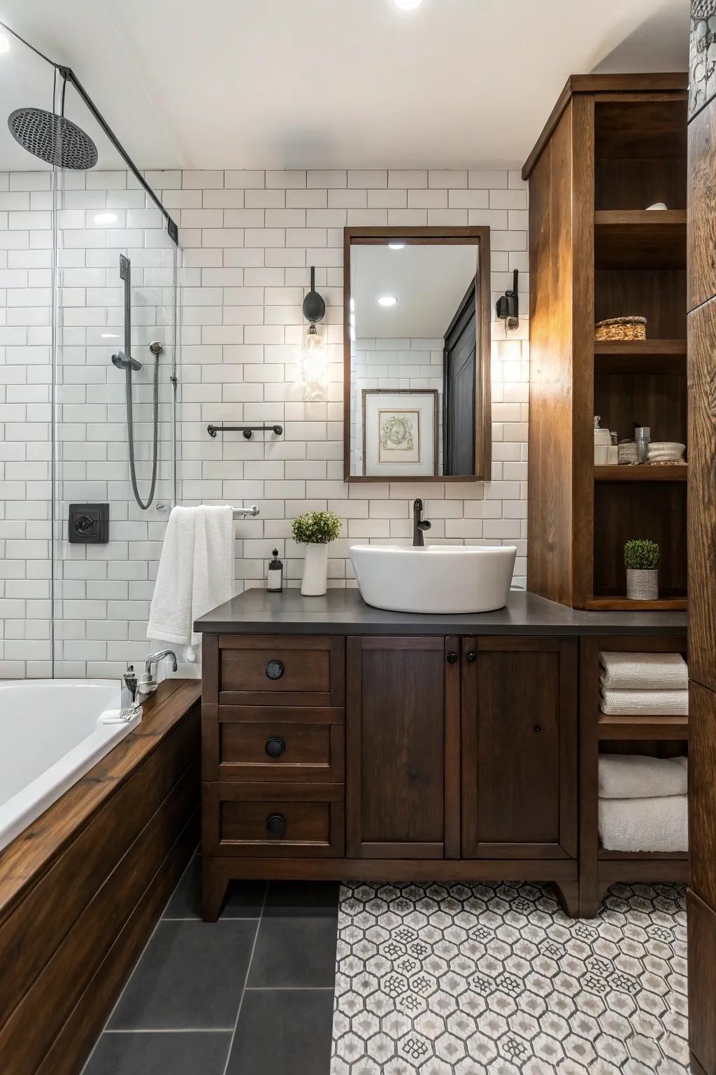 A combination of materials establishes a harmonious blend of textures within this bathroom.