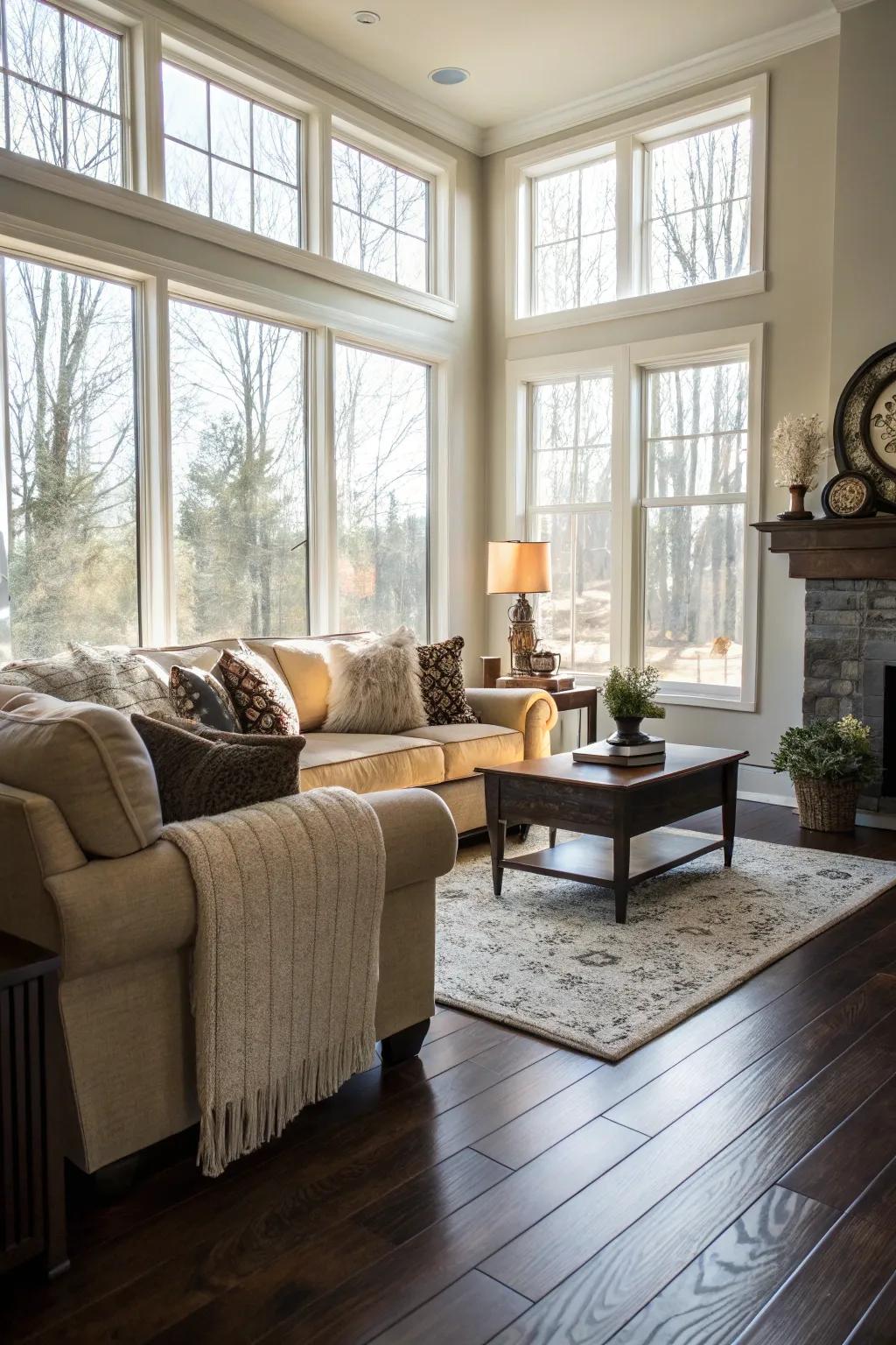 Natural light brightens a living room featuring dark wood floors.