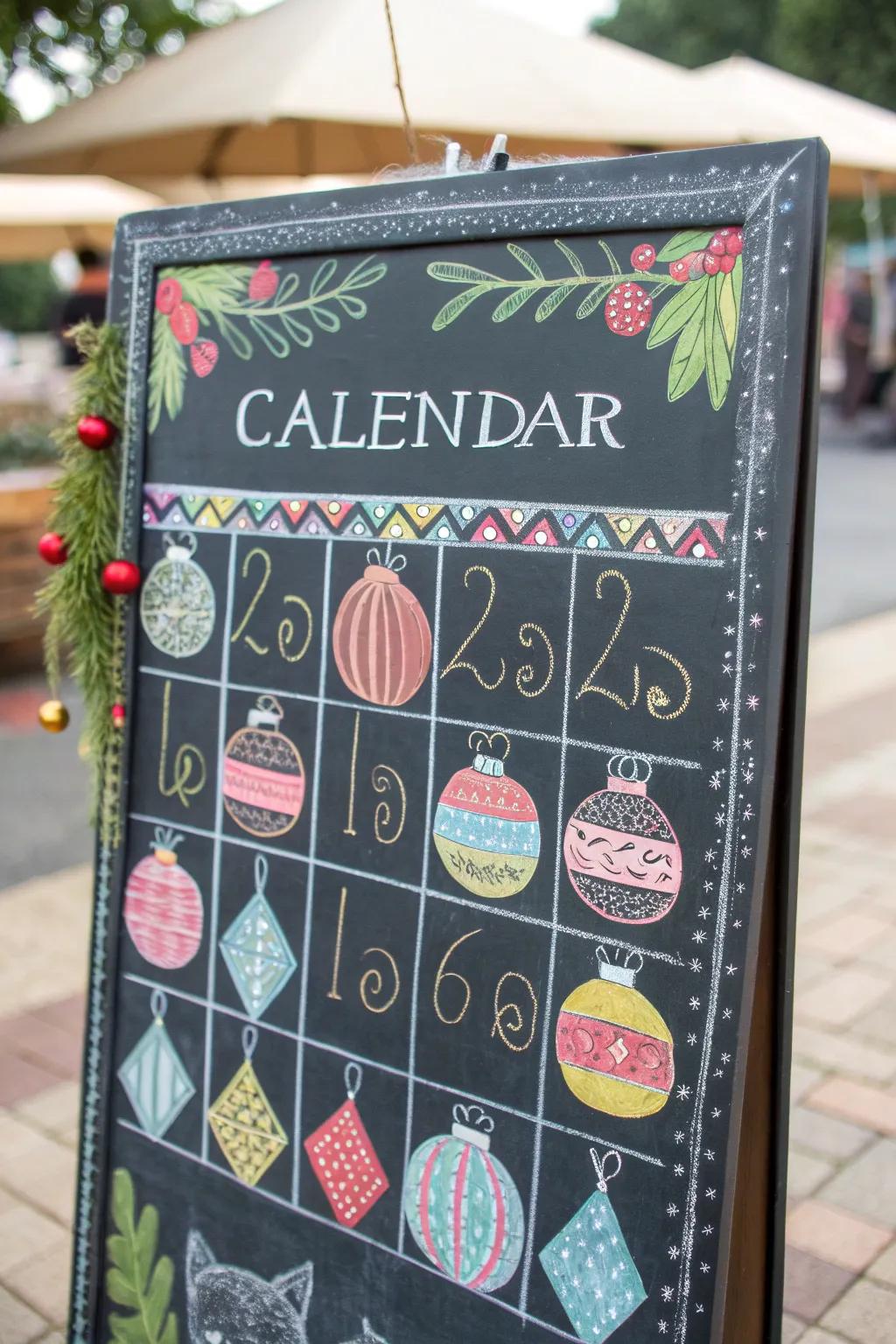 A festive chalkboard calendar featuring elegant ornament features.