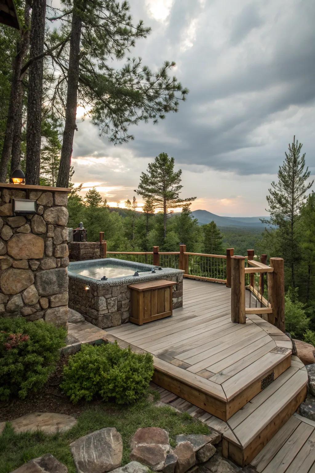 Rustic features provide an earth tone to the hot tub deck.