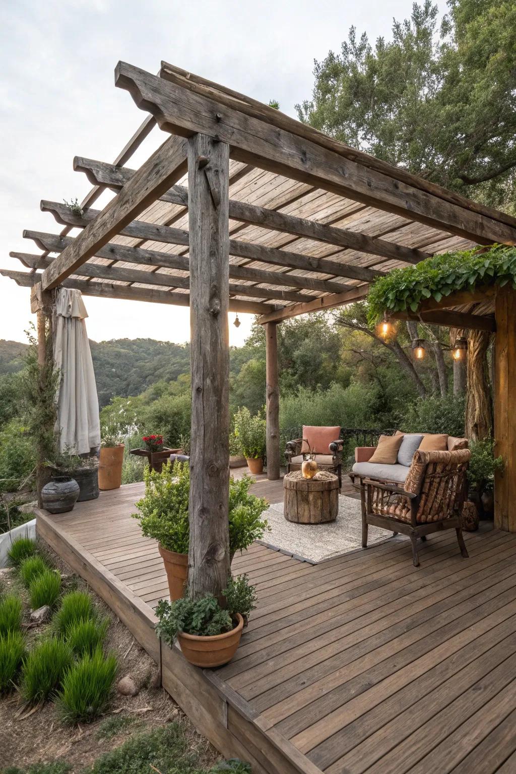 A country style pergola with wooden elements, adding charm to a deck.