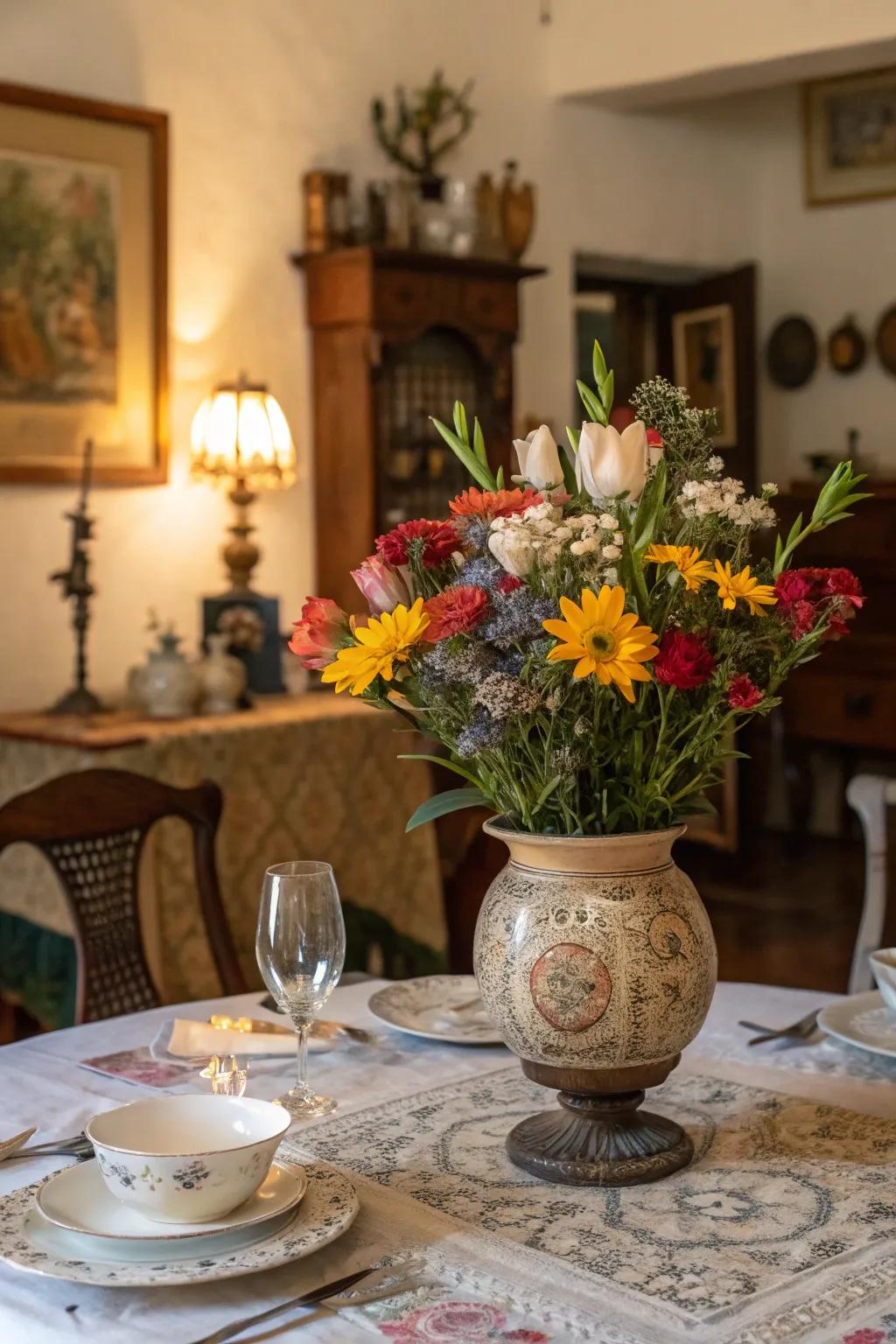 Antique vases filled with flowers bring natural beauty indoors.