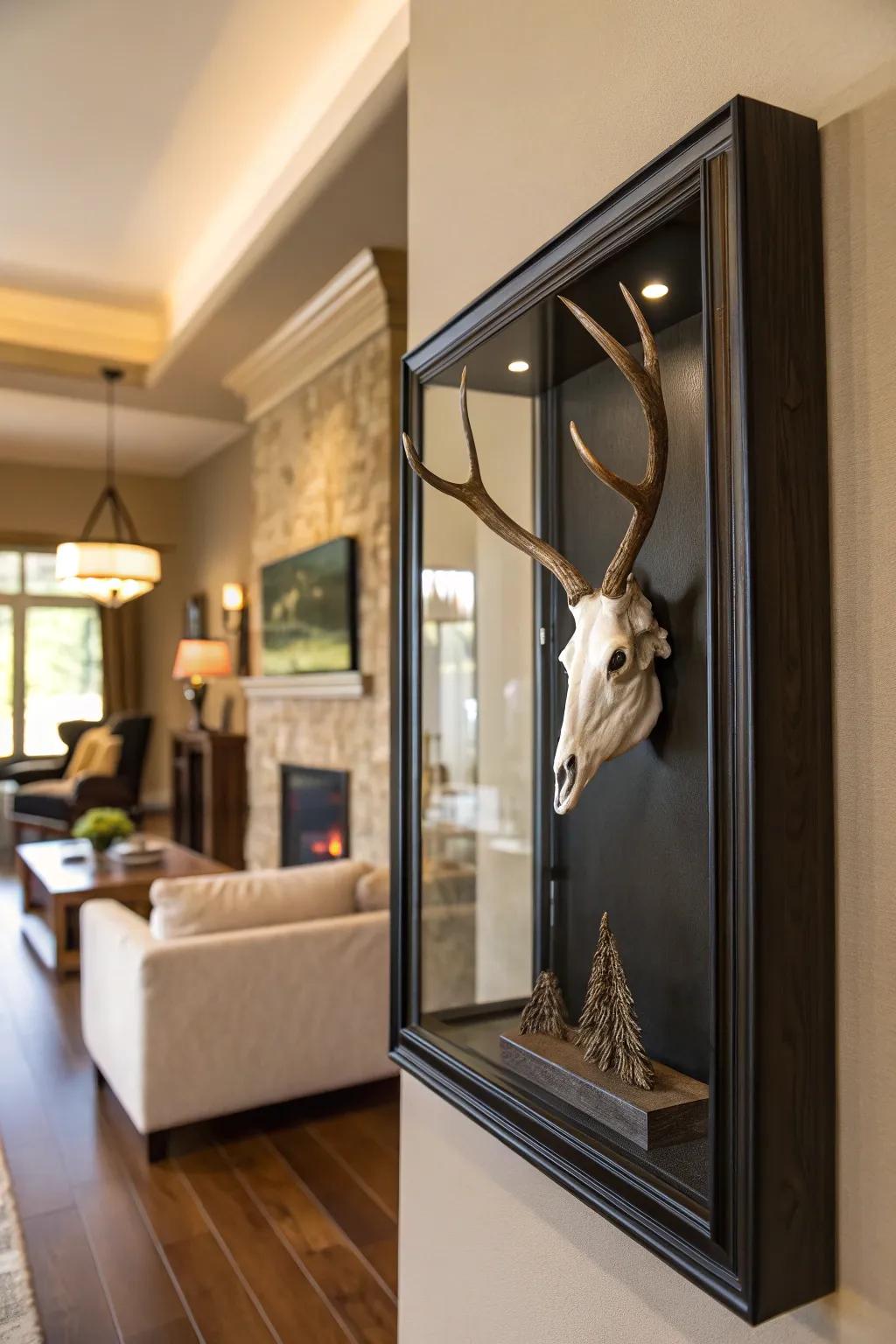 A modern shadow box adds depth and protection to a deer skull display.