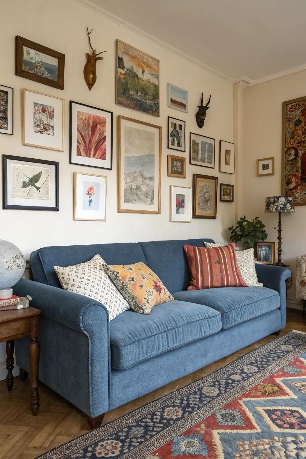 Varied art pieces contribute personality to a cerulean couch setting.