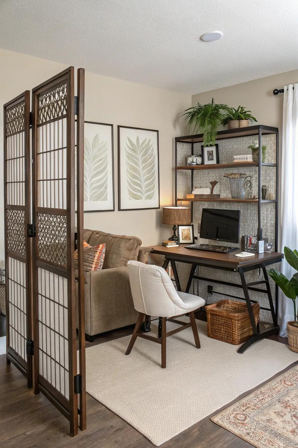 Spatial separators help delineate workspaces in open living areas.