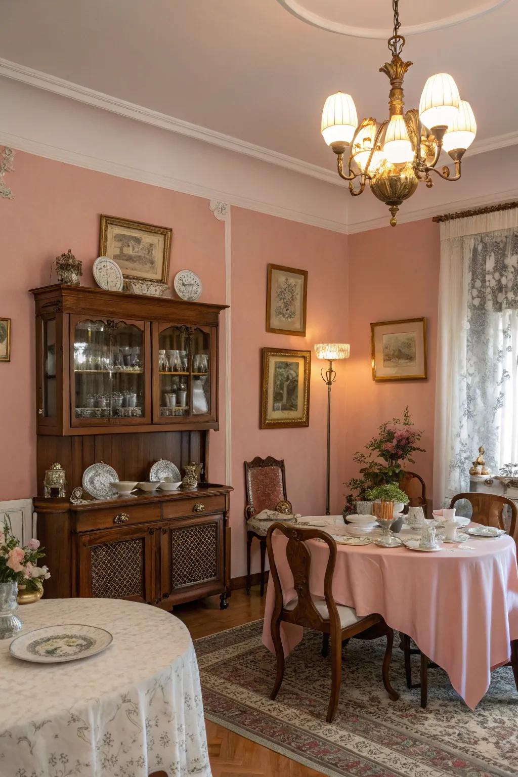 A romantic dining room with the subtle hue of blush rose.