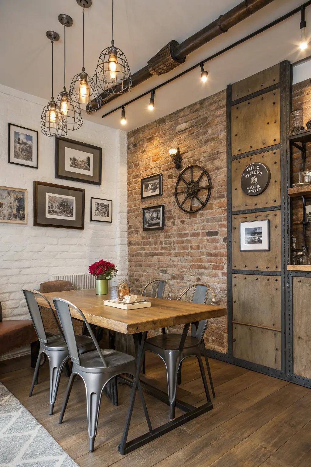 Homestead-industrial elements imbue a distinctive personality into the dining space.