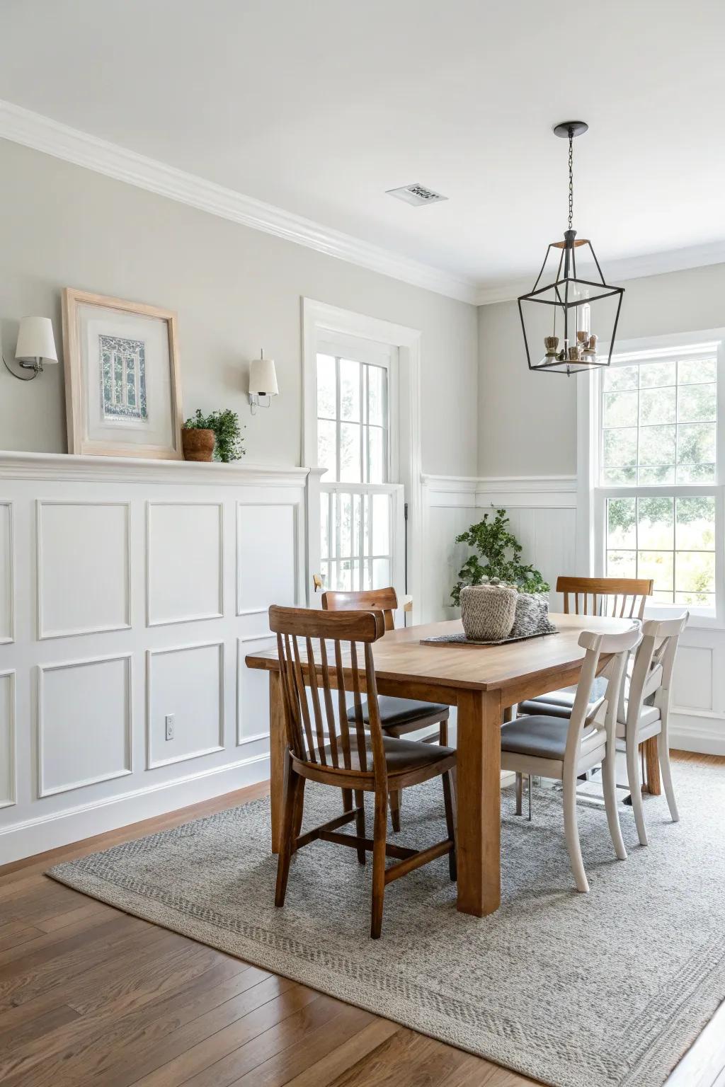 Pristine alabaster coating establishes an airy and expansive dining area.