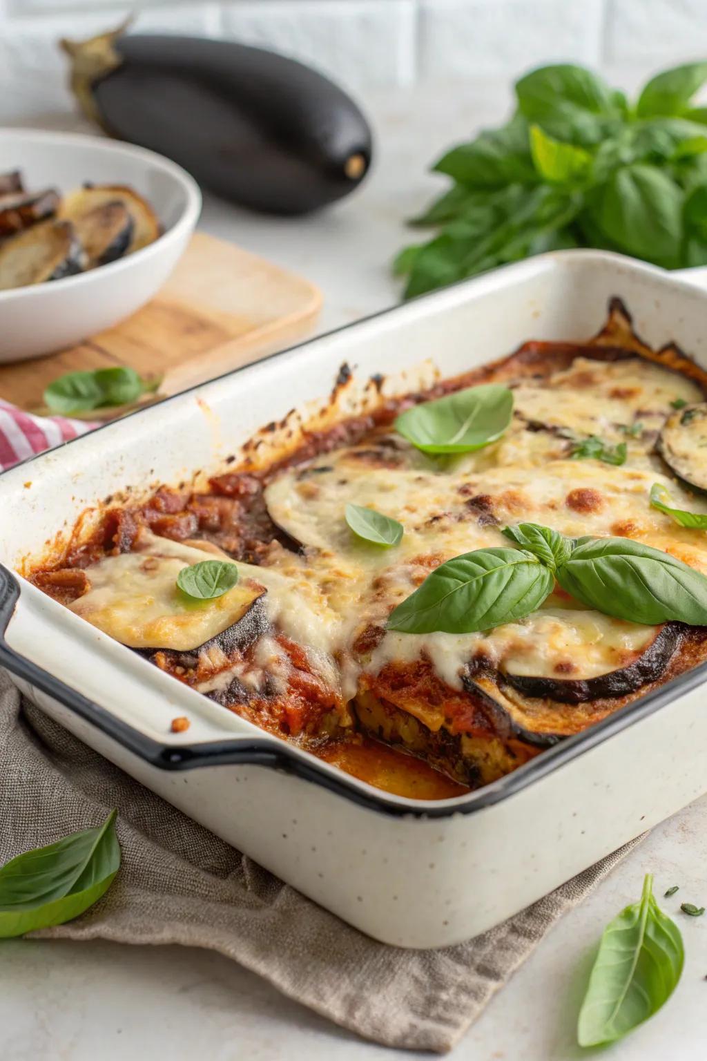 Layered eggplant Parmesan brimming with cheese.