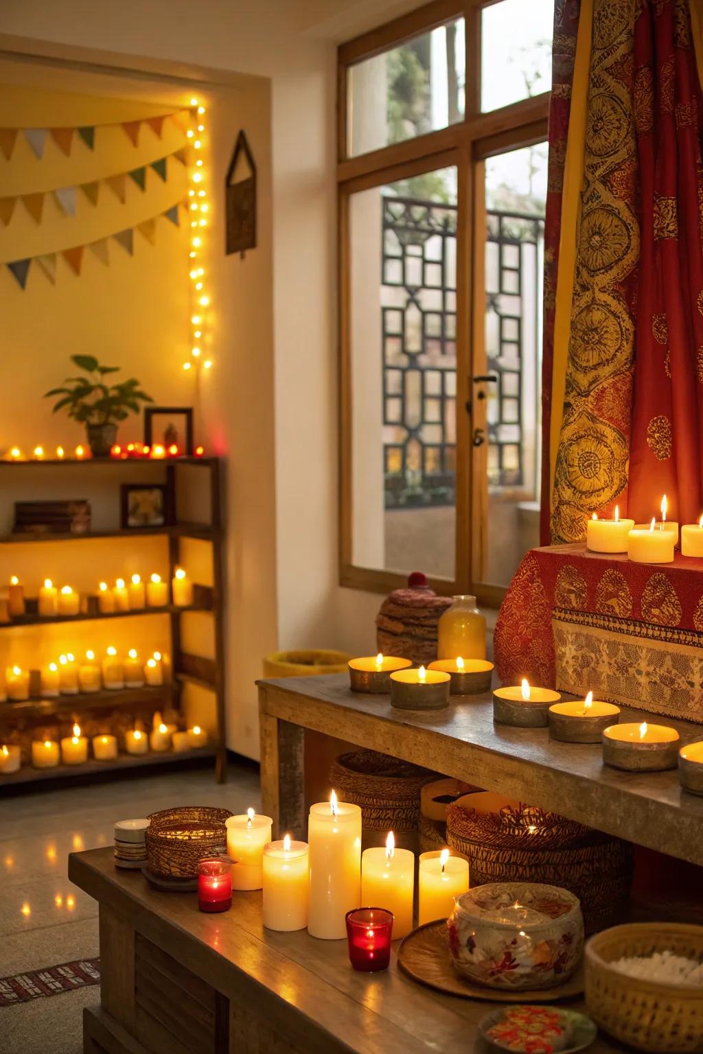 Scented candles introduce fragrance and warmth.