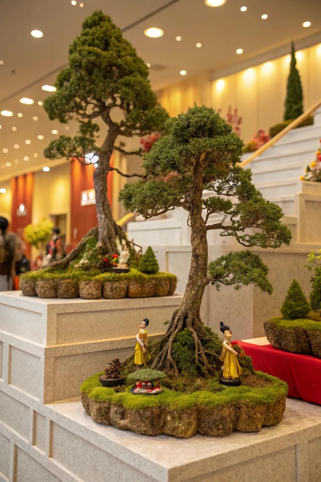 Cable and bryophyte arboreal structures infuse a natural nuance into the Golu arrangement.