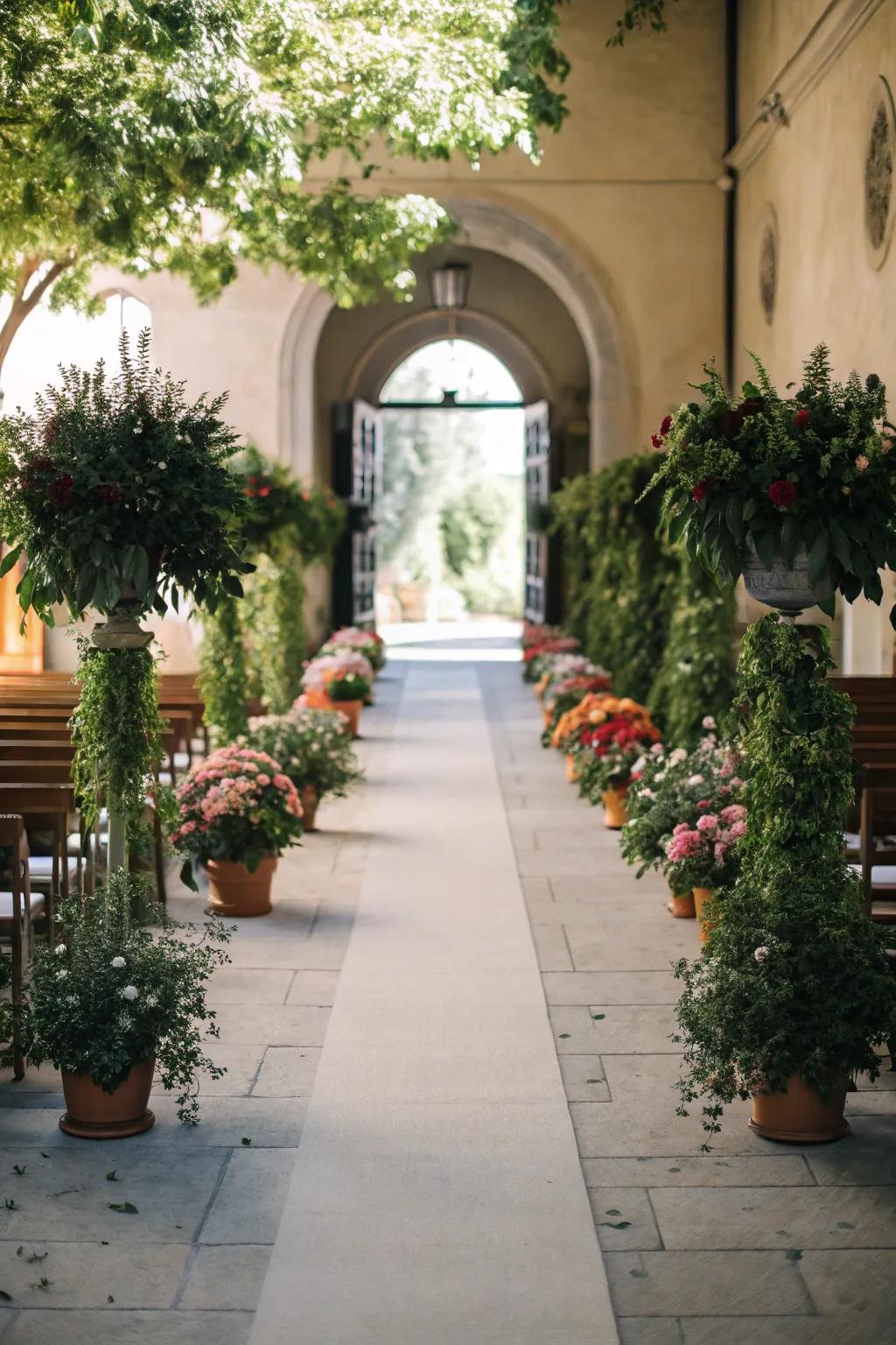 Potted flora present an environmentally conscious and charming aisle decoration.