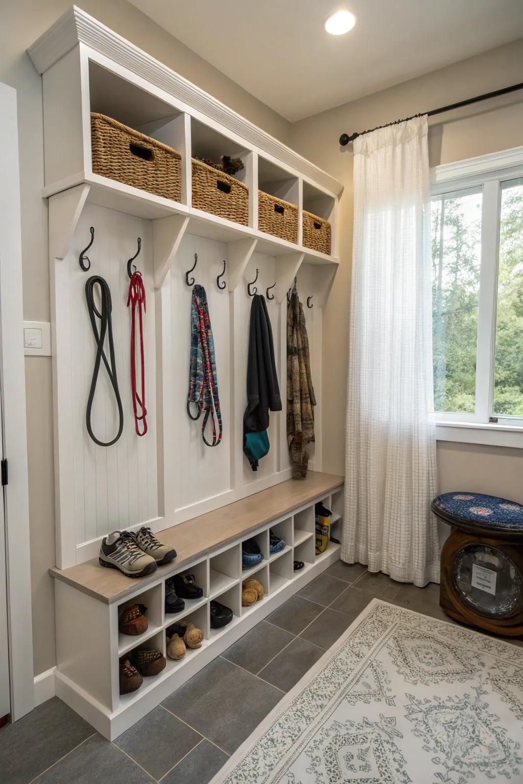 A mudroom designed to cater to the requirements of both pets and individuals.