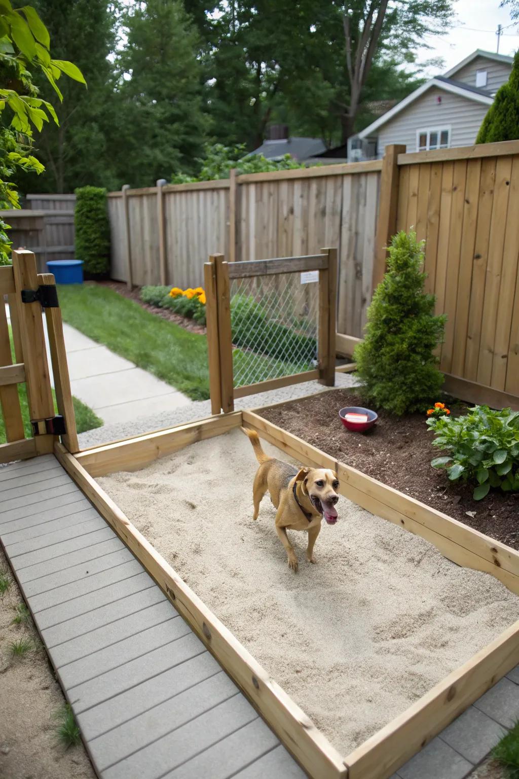 A sandpit provides a dedicated digging spot for your dog.