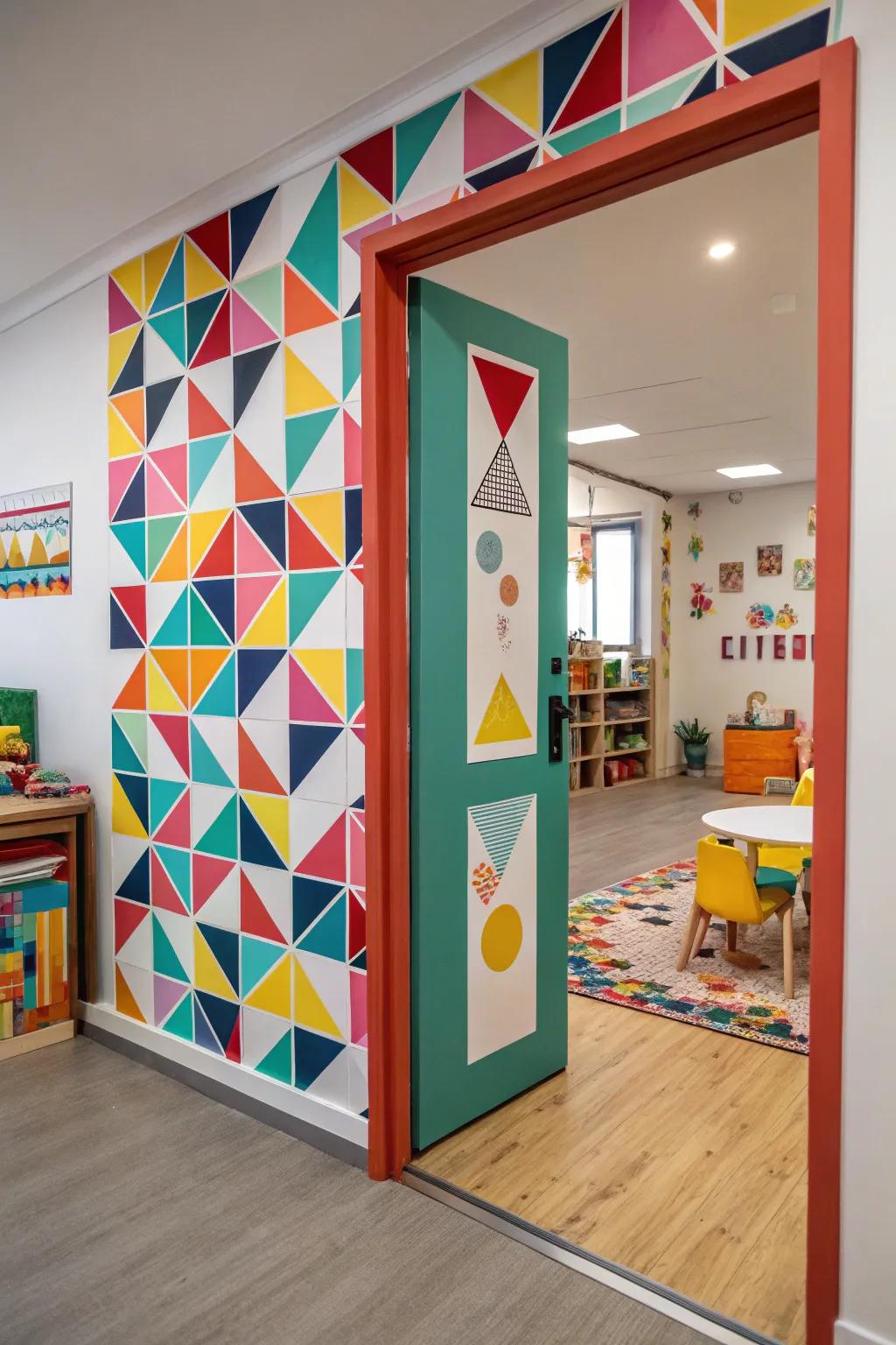 Geometric patterns on door trim deliver a playful nuance to this artistic space.