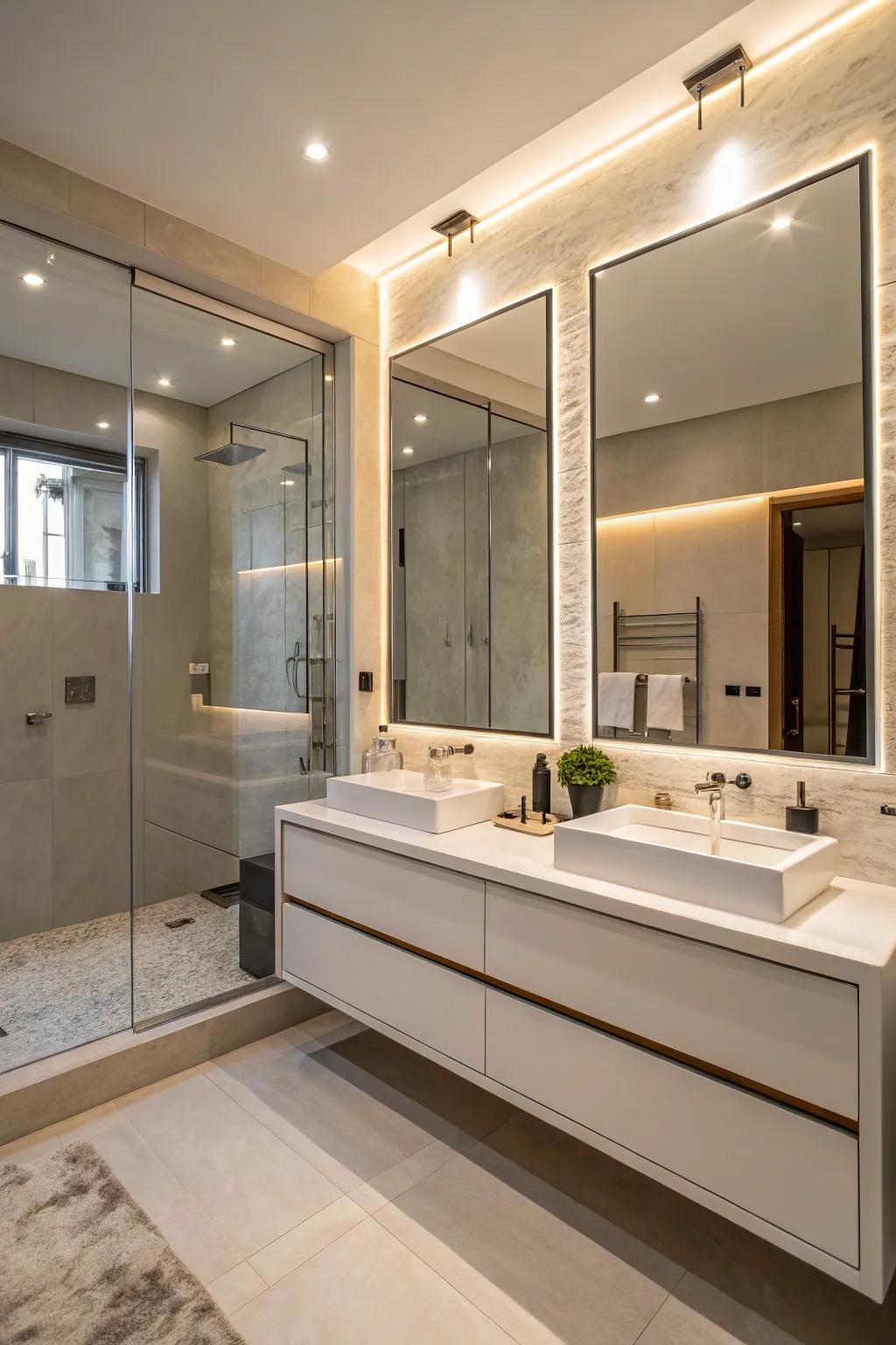 Floating vanities impart a streamlined and spacious impression.