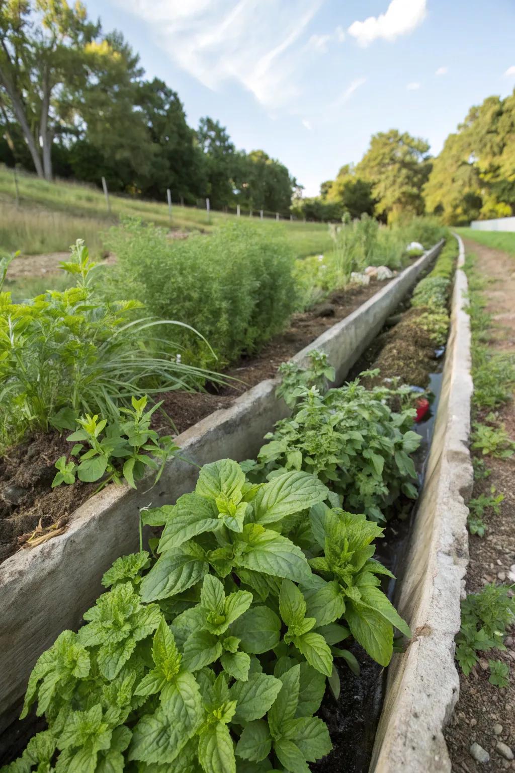 Edible plants situated along a swale offer a combination of beauty and practical benefits.