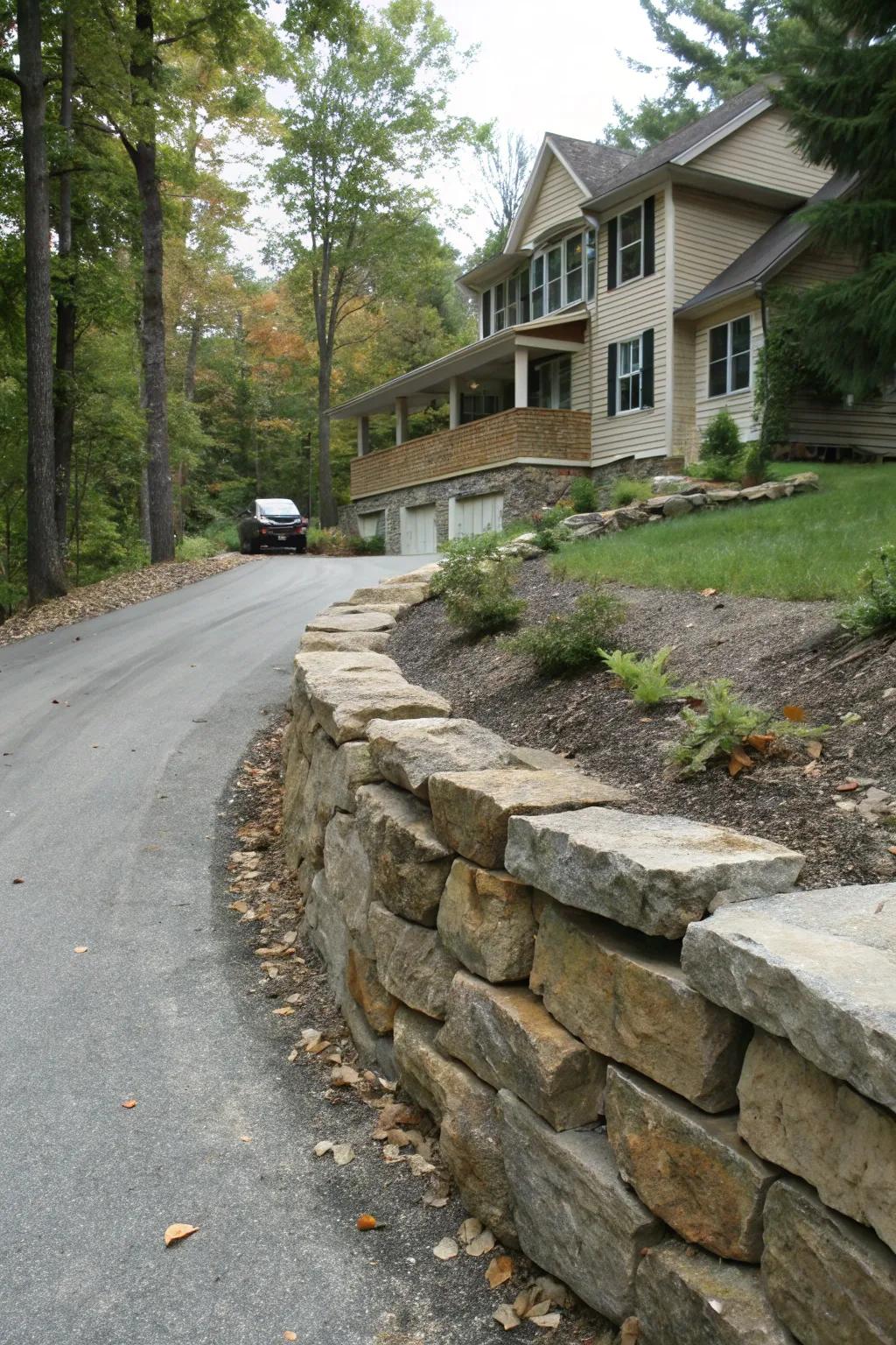 A stone retaining partition imparts rustic allure to the berm.