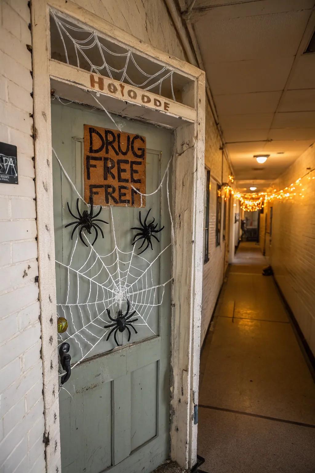 A spider web-themed entrance decor with a substance-free message.