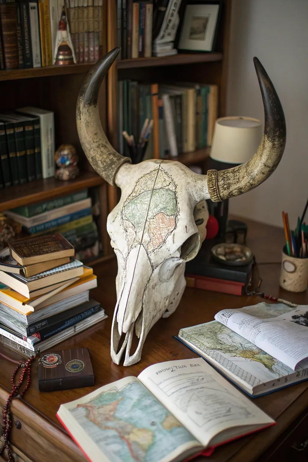 Retro cartography infuses an adventurous nuance into bovine skull artistry.