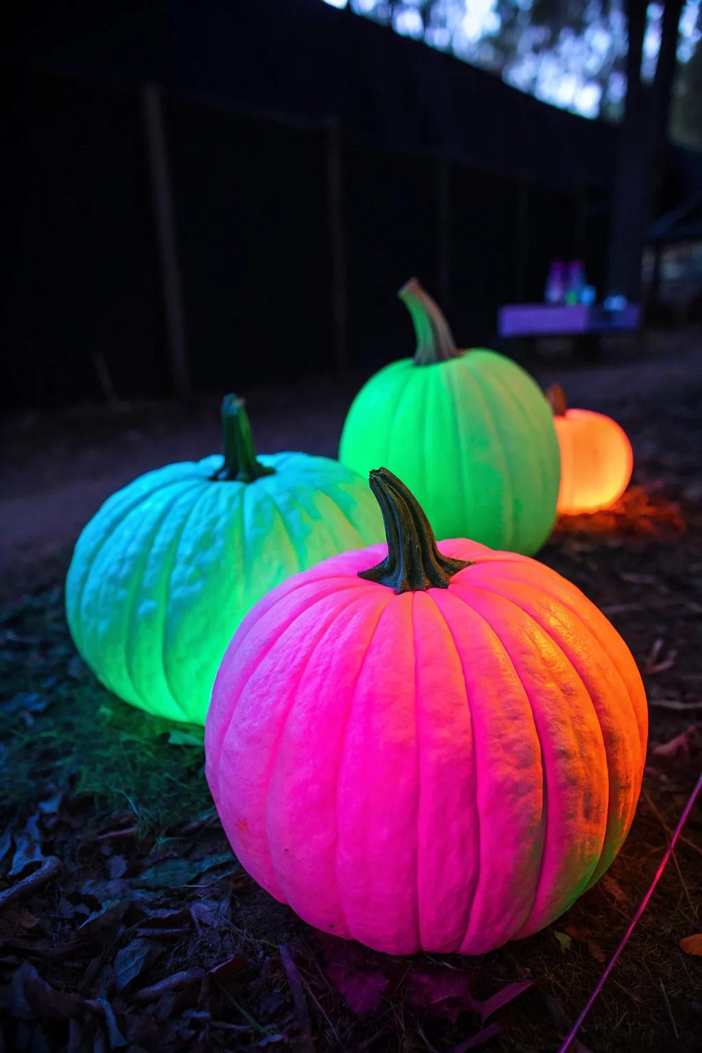 Luminous-painted pumpkins fashion a ghastly iridescence, optimal for a spooky Halloween atmosphere.