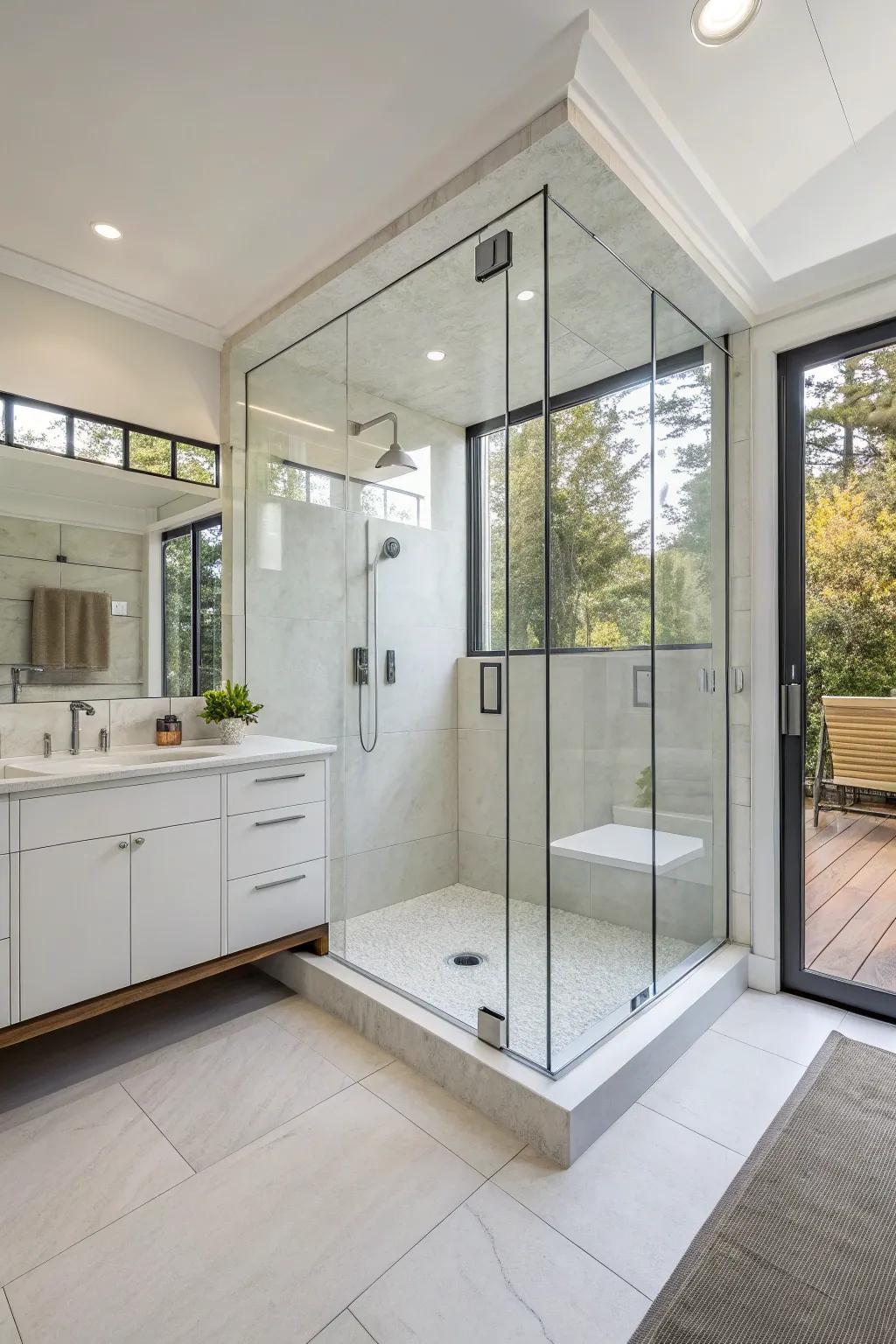 Edgeless glass enclosures amplify the sense of spaciousness within this exquisitely designed bathing area.