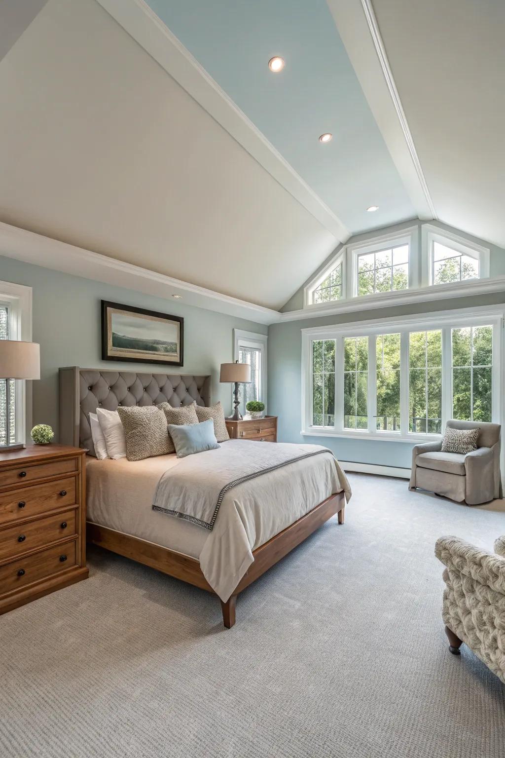 A spacious contemporary luxurious bedroom with a thoughtfully uncluttered layout.