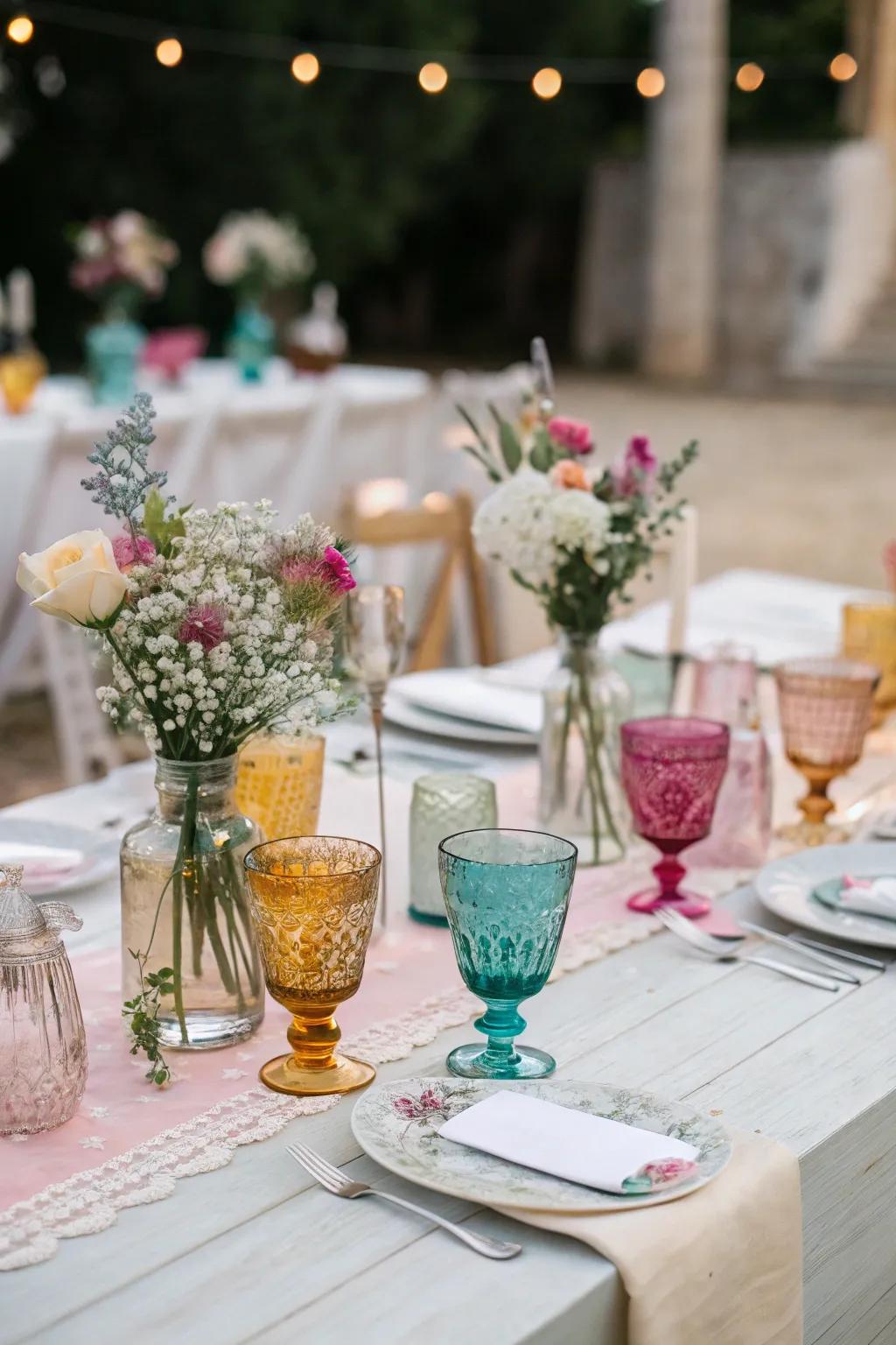 Eclectic glassware injects a splash of color and personality.
