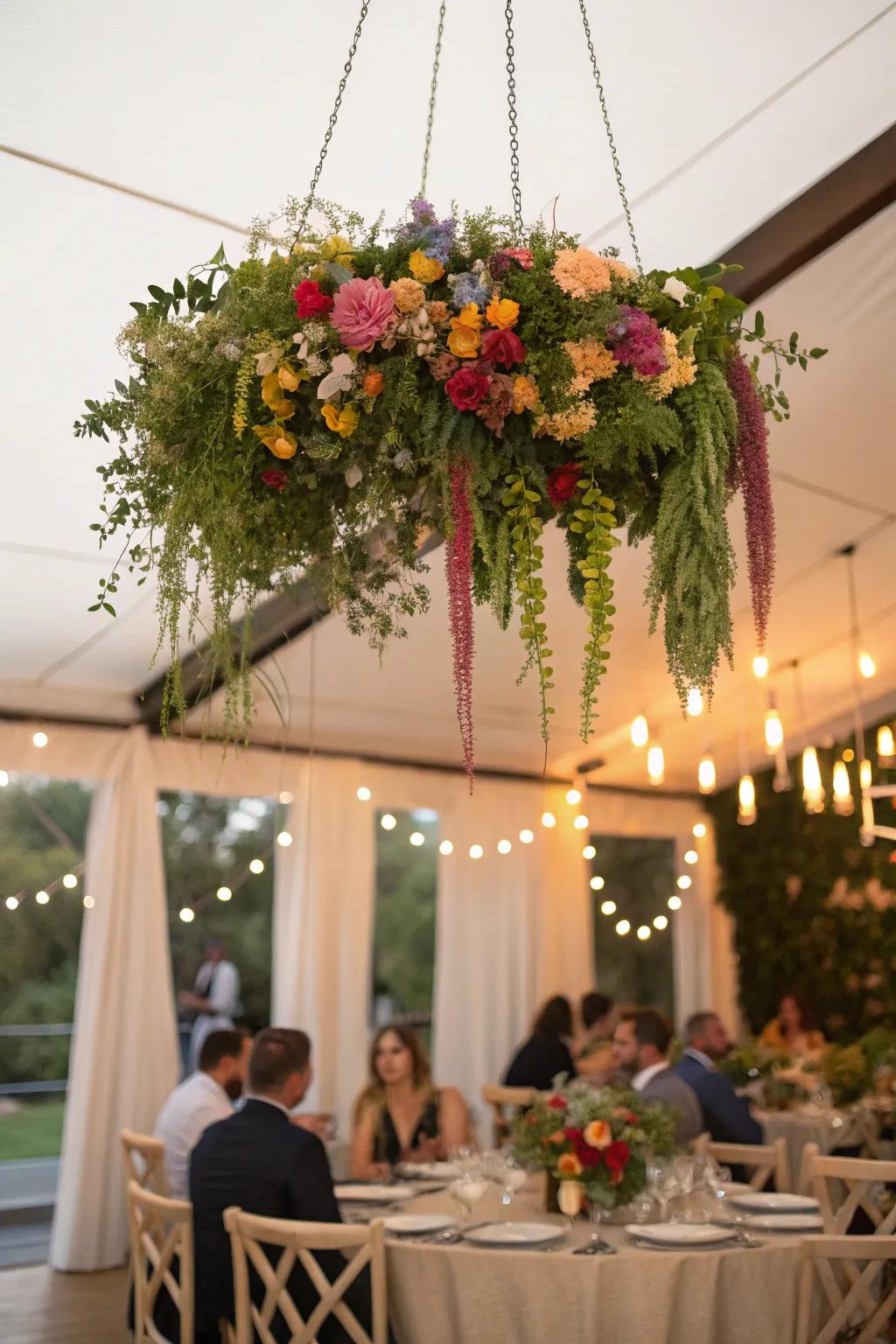 A stunning hanging floral installation serves as a mesmerizing centerpiece.