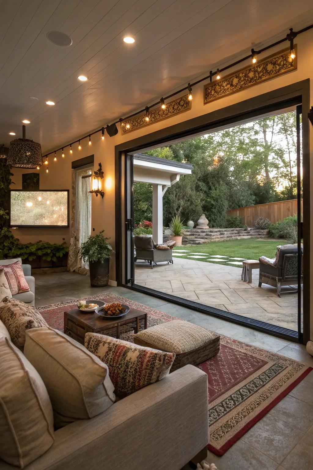 Blend indoor and outdoor areas for an entertainment area that feels expansive and welcoming.