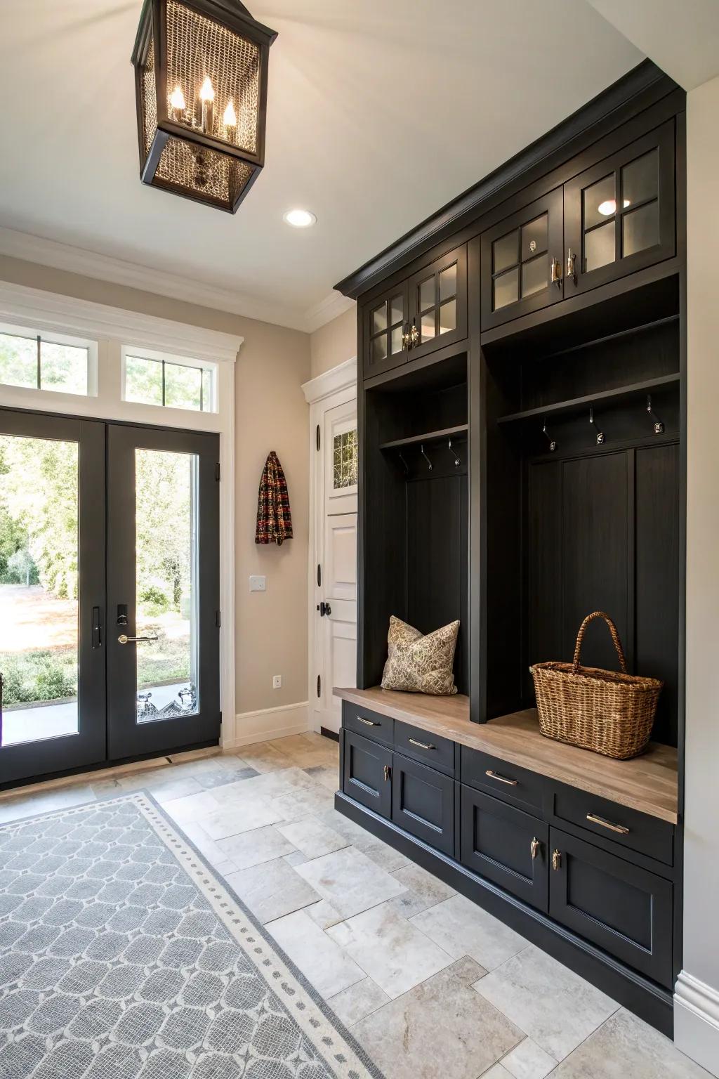 Dark cabinets create a bold contrast, adding drama to the entryway.
