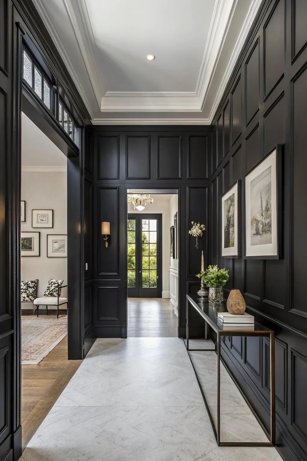 Dark finish wall adds drama and sophistication to the entryway.