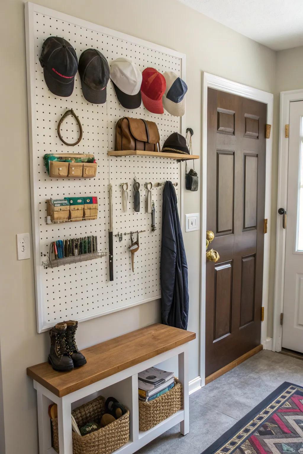 A pegboard surface extends adaptable storage possibilities.